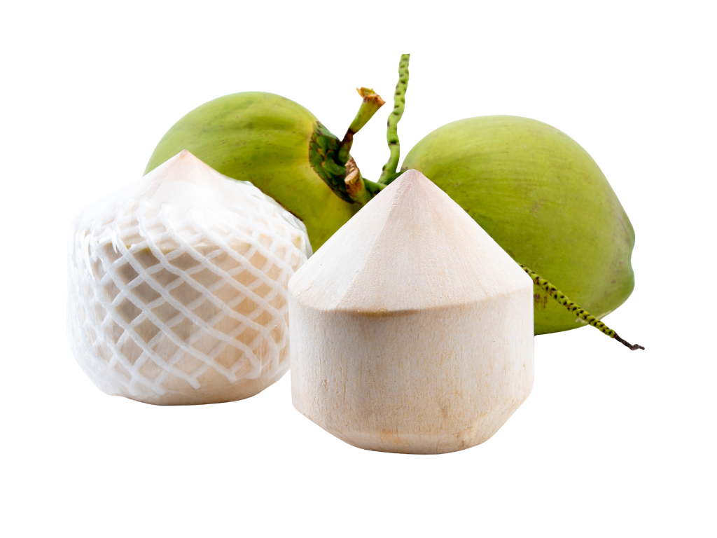 Two green mangoes, one white peeled mango, and one peeled coconut on a black background.