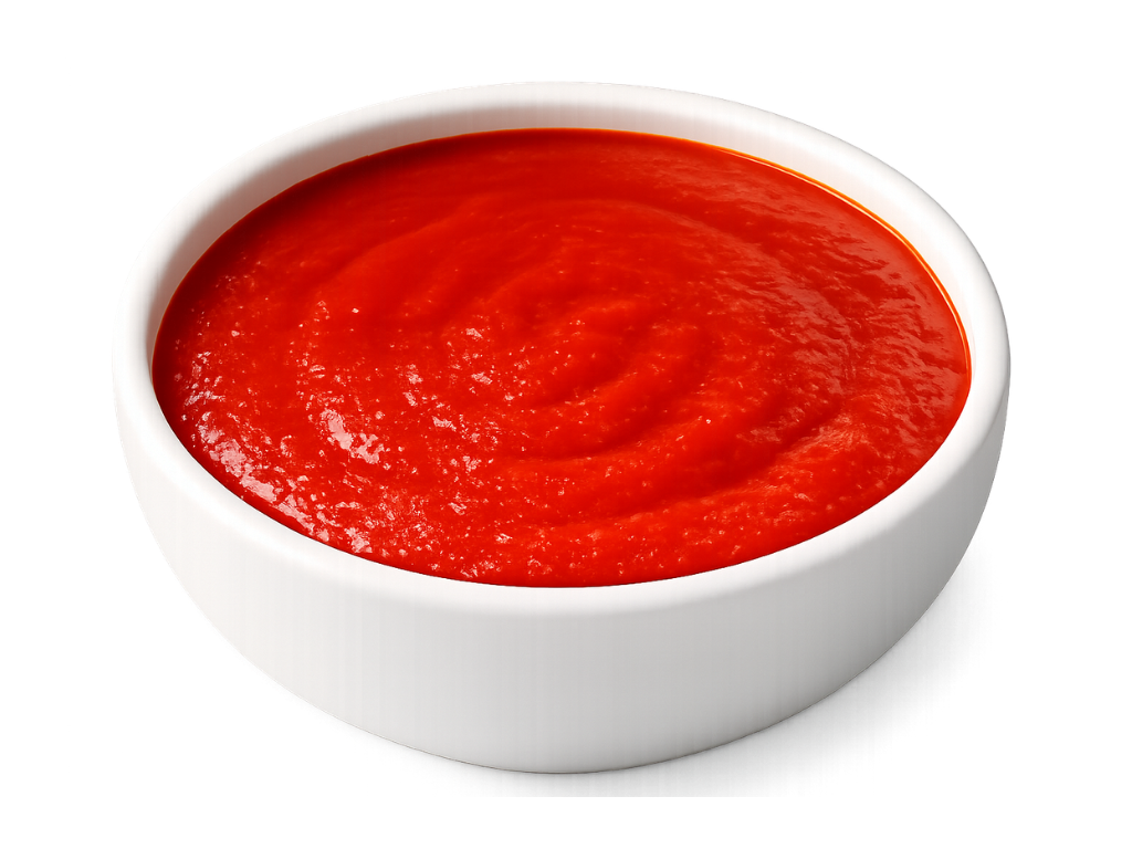 A small white bowl filled with tomato sauce.
