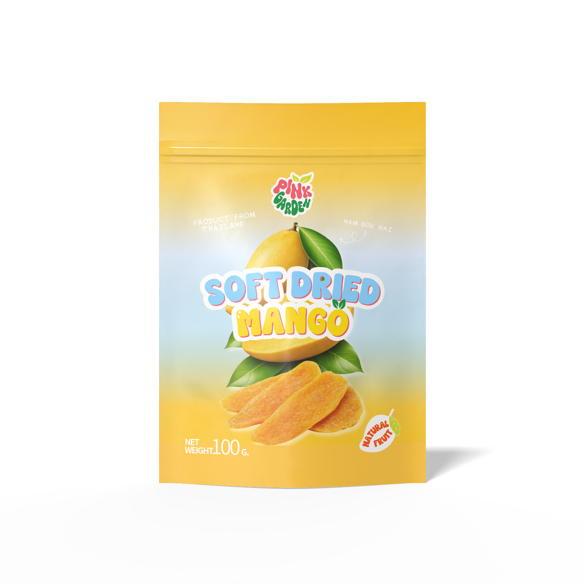 Packaging of Pink Garden soft dried mango with a yellow and green color scheme, showing a sliced mango and label indicating natural fruit from Thailand.