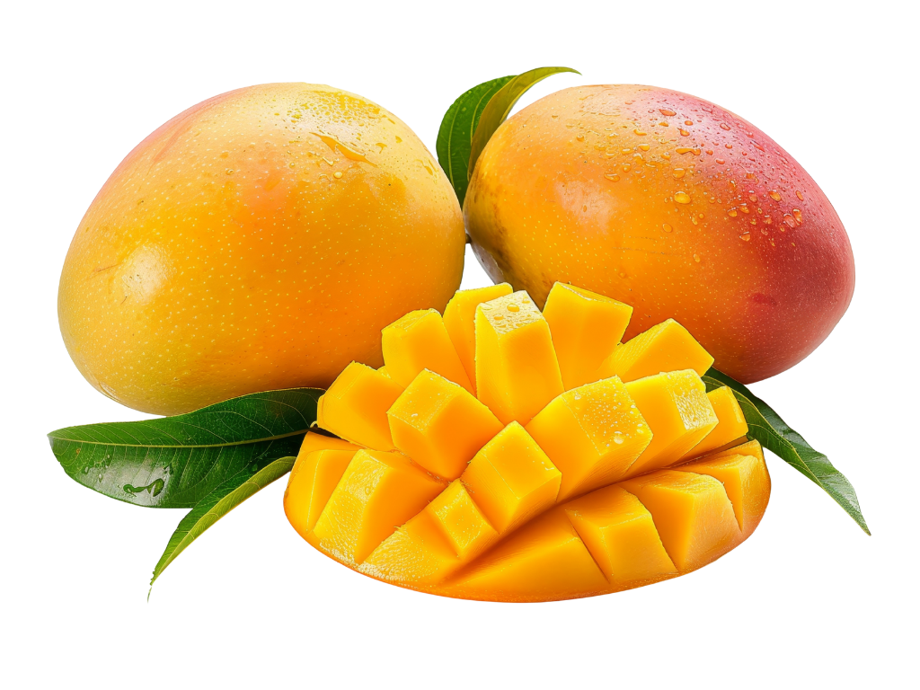 Two whole mangoes with droplets of water, one cut in half with diced mango pieces, green leaves underneath.