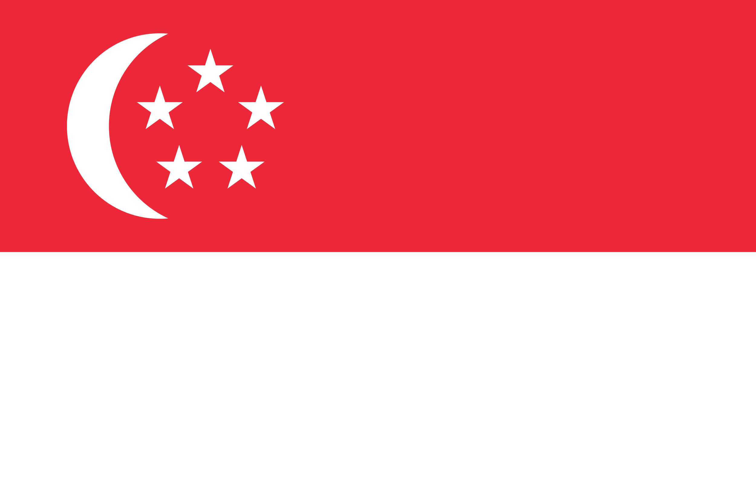 Singapore flag with a red top half featuring a white crescent moon and five white stars, and a white bottom half.