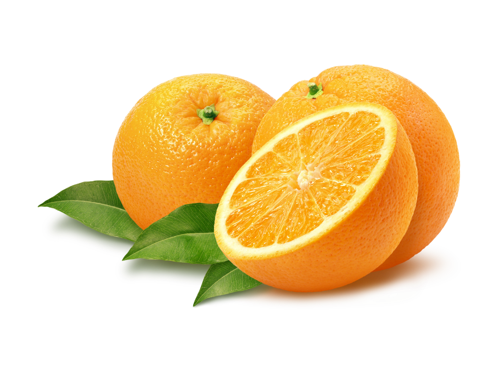 Three oranges, one sliced in half revealing the inside, on green leaves against a black background.