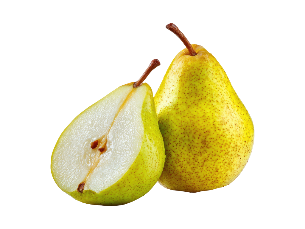 A whole yellow pear with red speckles and a stem, next to a half yellow pear showing its white flesh and seeds.