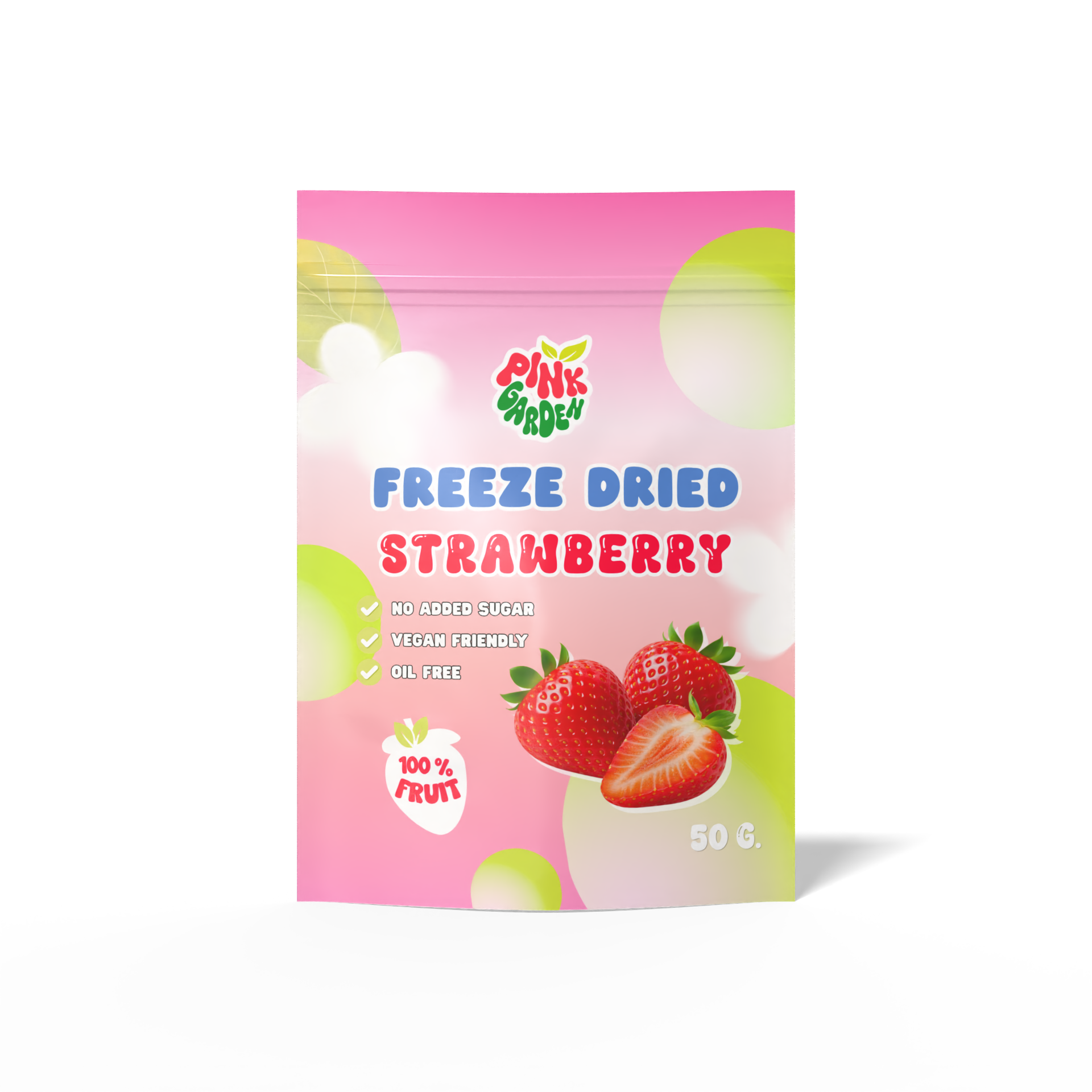 Pink Garden Freeze Dried Strawberry packaging with strawberries illustration, indicating no added sugar, vegan friendly, oil free, 100% fruit, and weight of 50 grams.