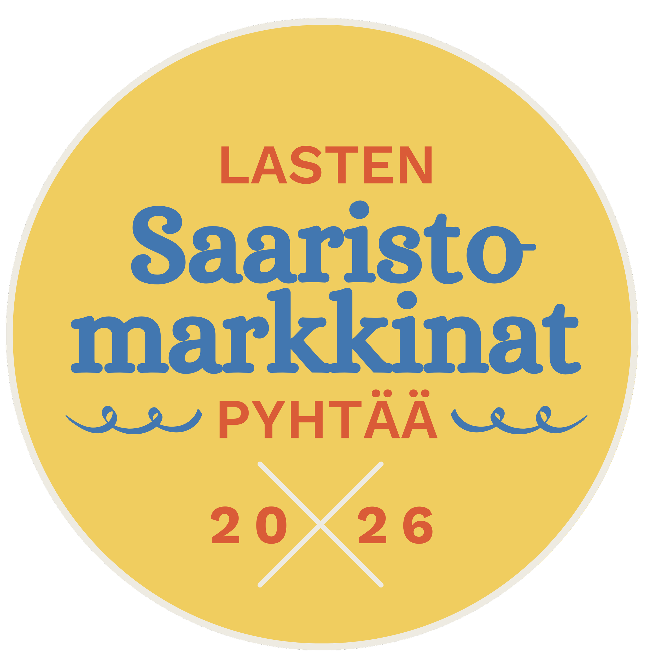 Keltainen pyöreä etiketti, jossa lukee 'LASTEN Saaristomarkkinat vuosi 2026'.