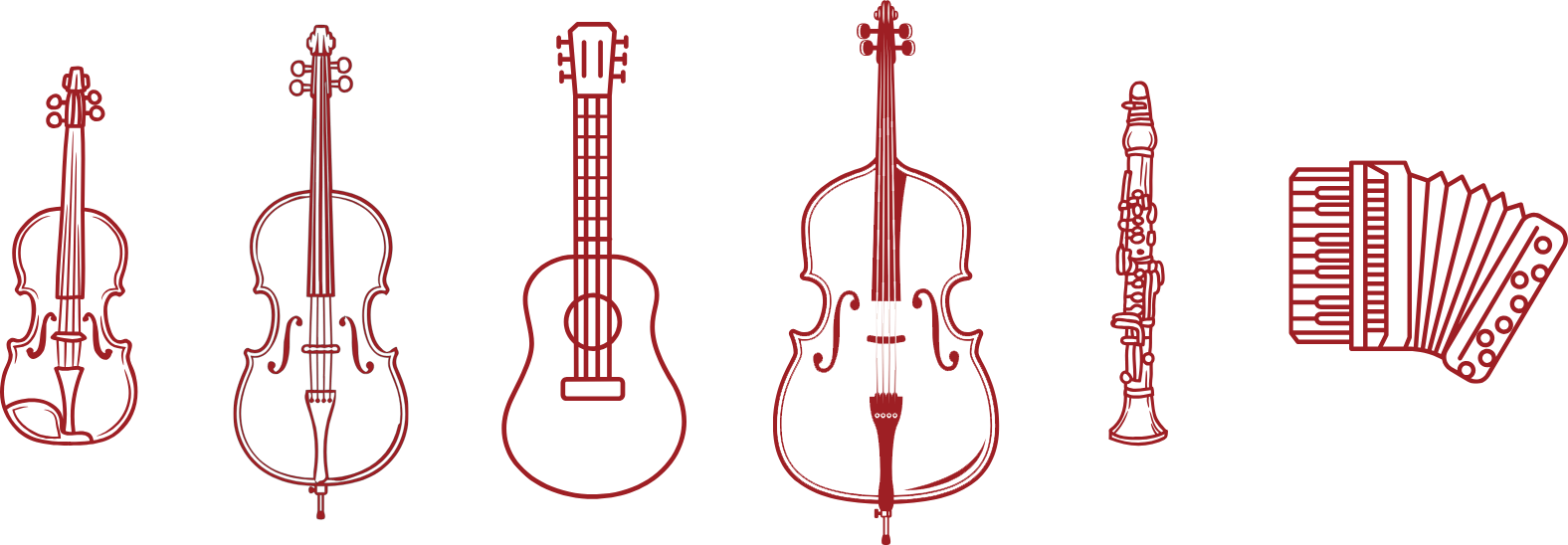 Akustische Instrumente für Jazz Manouche: Violine, Viola, Cello, Gitarre, Bass, Klarinette und Akkordeon