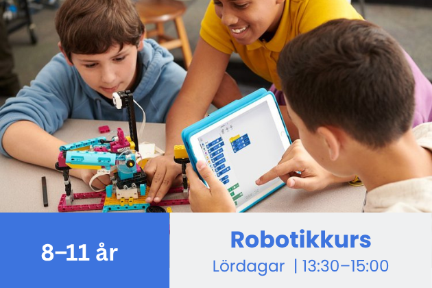 Stockholm (Vasastan) • Robotikkurs • Lördagar 13:30–15:00 • 7 tillfällen (17 okt–5 dec, uppehåll v. 44/31 okt)