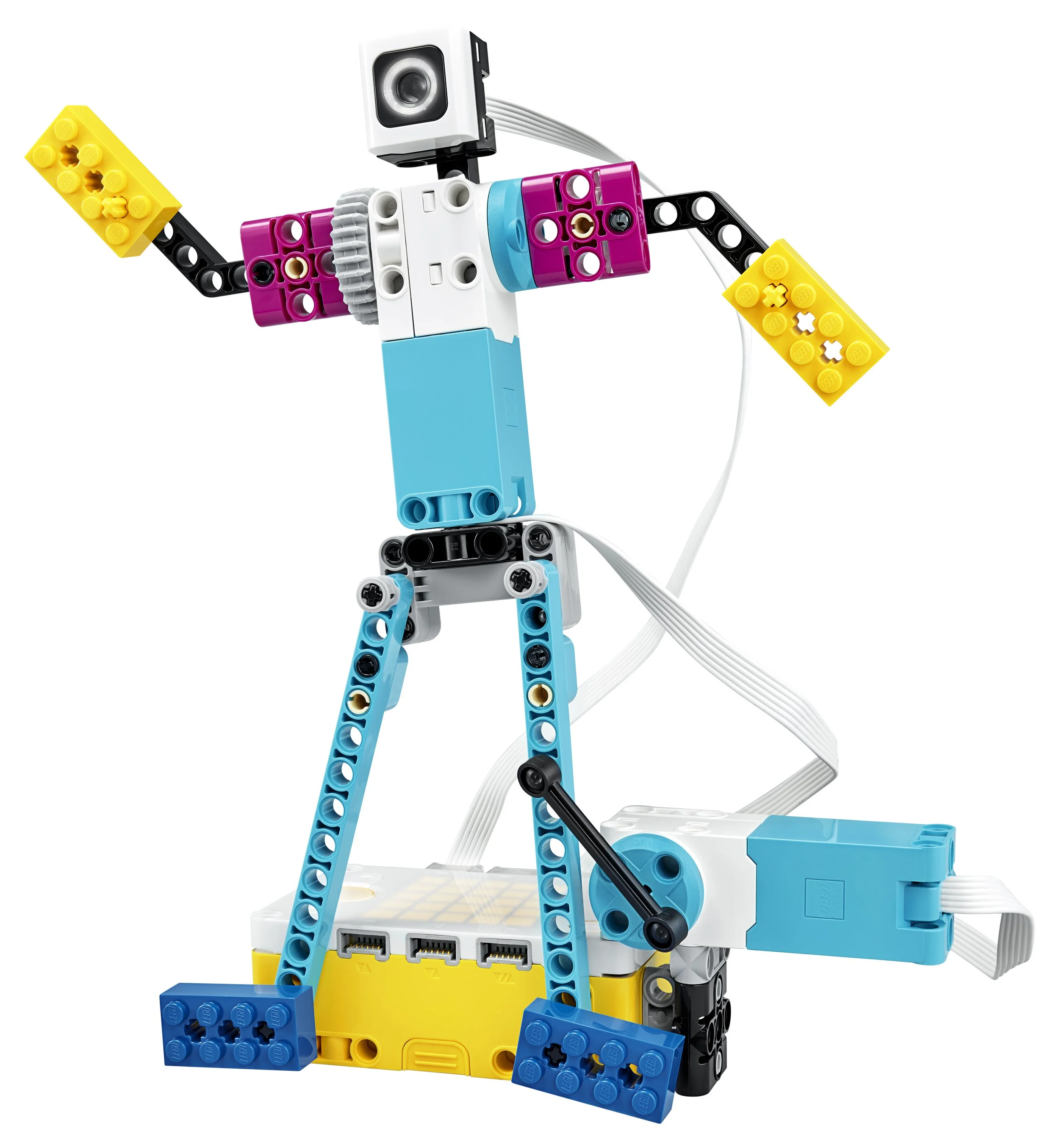 Een robot gemaakt van kleurrijke bouwstenen en elektronische onderdelen.