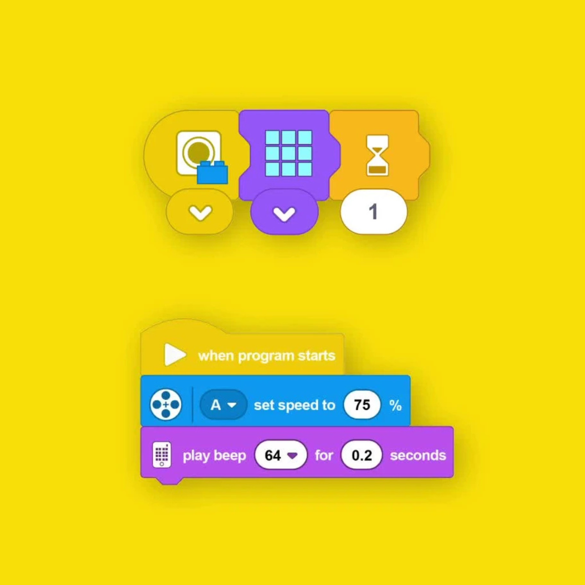 Screenshots van een programmeer interface met blokken code die een robot instructies geven, inclusief bewegingen en geluid, voor een kindvriendelijke programmeertaal.