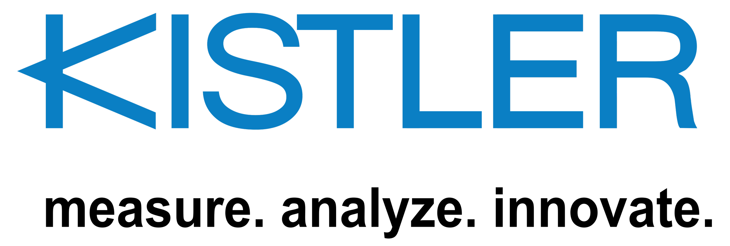 The logo for Kistler, featuring a stylized blue arrow pointing left integrated with the word 'Kistler' in bold blue letters on a black background.