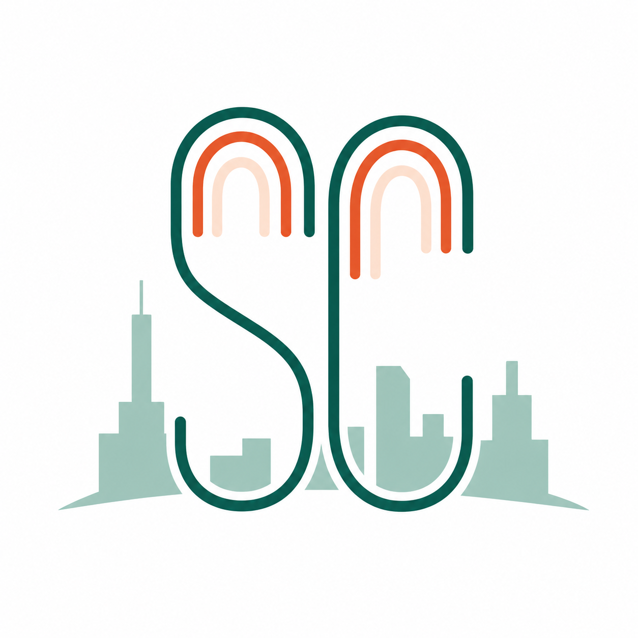 Stylized heart shape formed by rainbow outlines above a city skyline with skyscrapers, including the Empire State Building, on a white background.