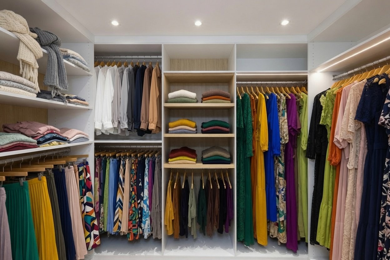 A walk-in closet with neatly organized clothes and folded sweaters on shelves, including dresses, shirts, skirts, and pants in various colors.
