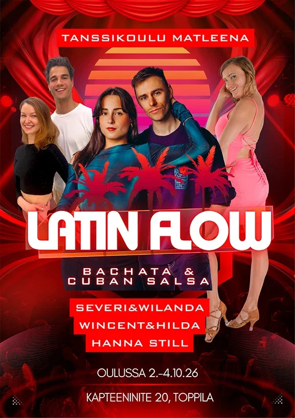 Mainos, jossa lukee Latin Flow Bachata & salsa, ja kuvan taustalla on valokuvia paritanssinopettajista