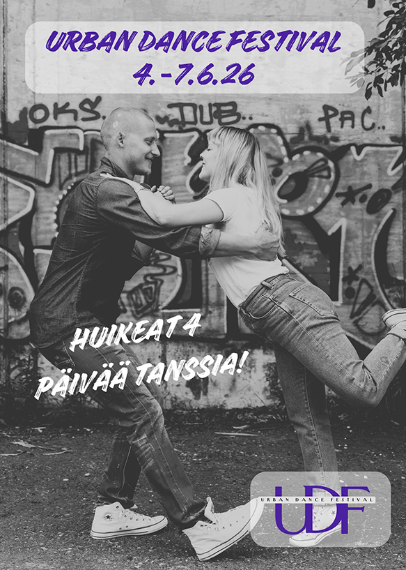 Mainosjuliste, jossa taustakuvassa mies ja nainen tanssivat paritanssia ja kuvan etualalla on teksti "Urban Dance Festival 4.-7.6.2026