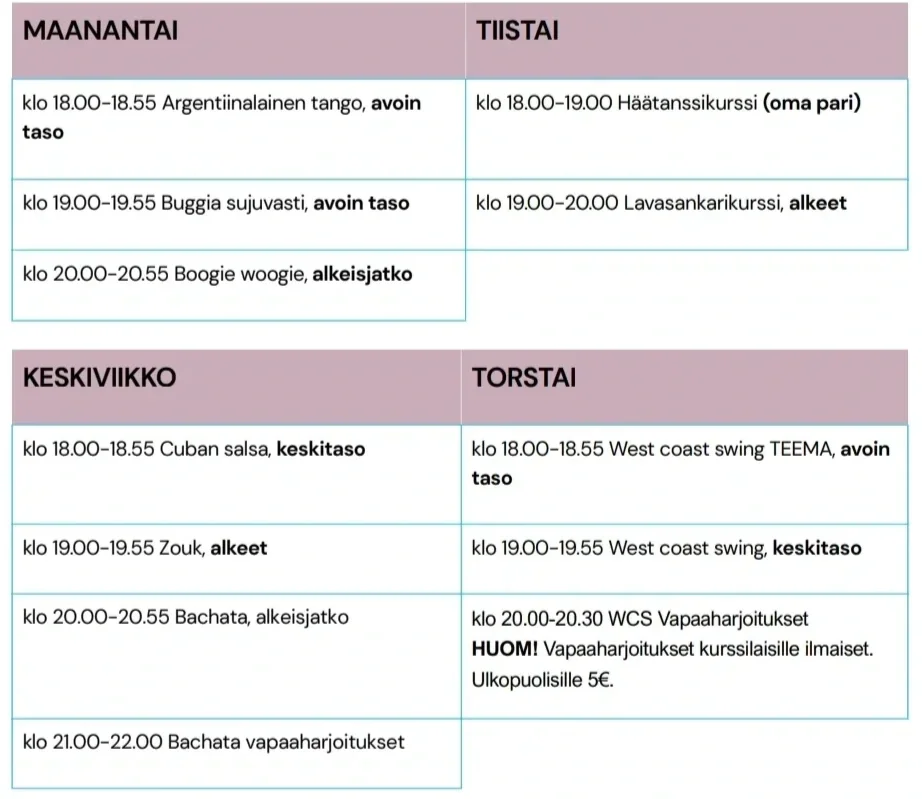 Tanssikoulu Matleenan lukujärjestys