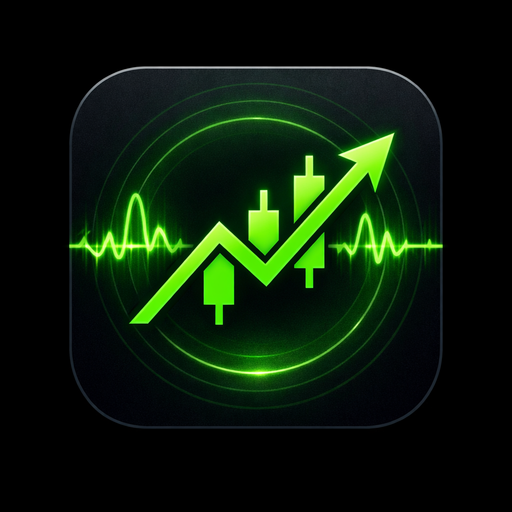 A digital icon representing stock market growth with a green upward trending arrow, candlestick chart bars, and a glowing heartbeat line in the background.