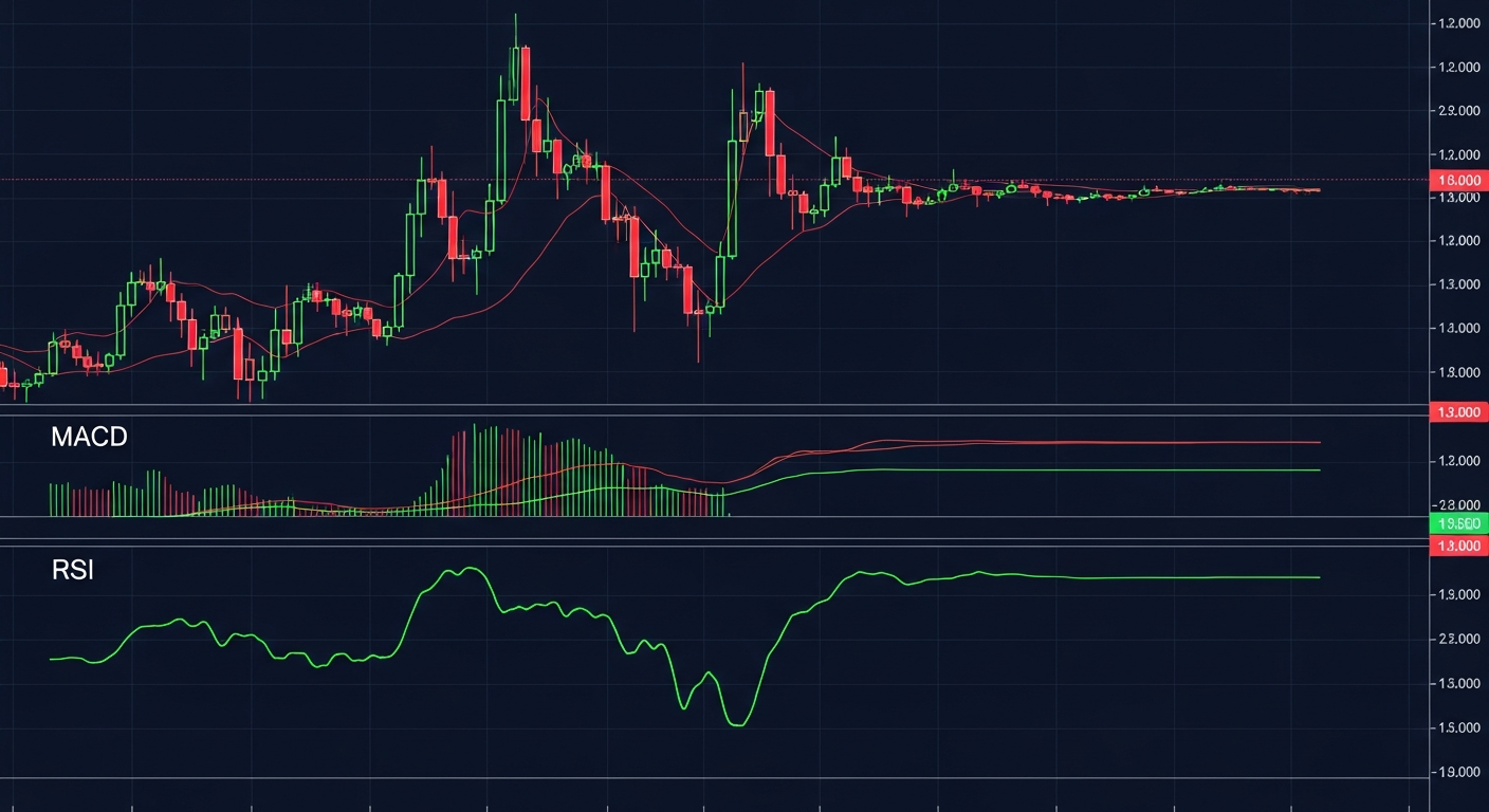 A stock trading chart showing candlestick patterns, with MACD and RSI indicators below, indicating market trends over time.