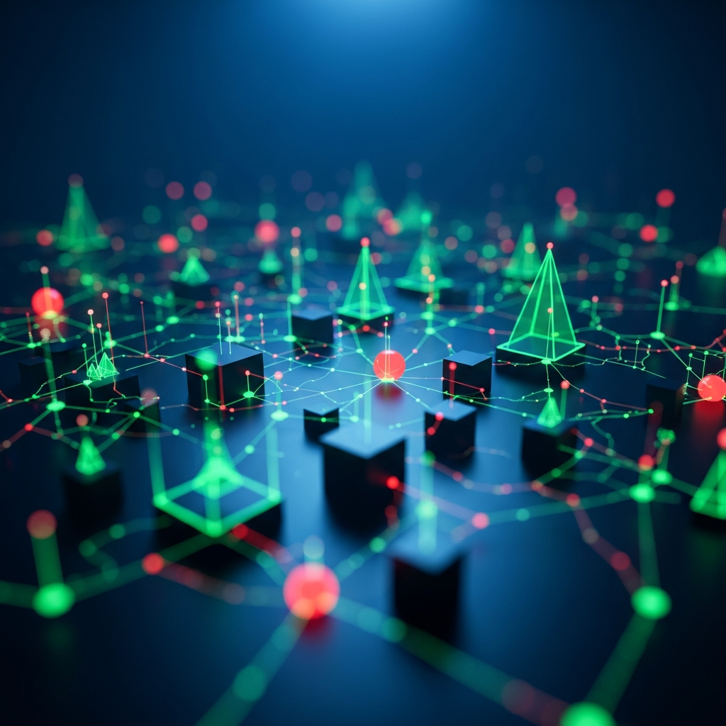 Futuristic digital network with glowing green lines, pyramids, cubes, and red and green dots interconnected on a dark background.