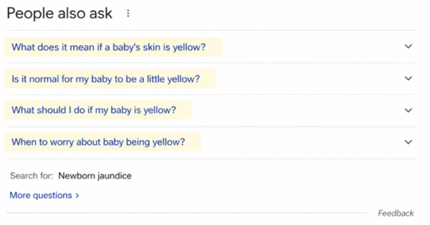 Google search results showing common parent searches about newborn jaundice in plain language