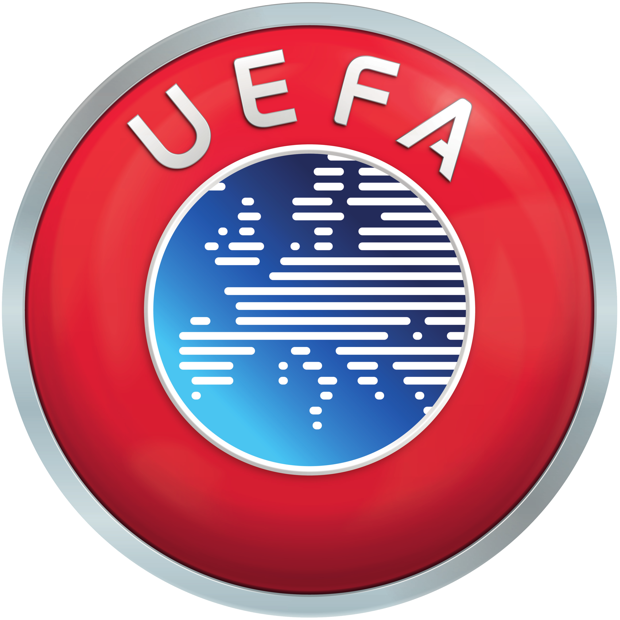 UEFA-Logo mit rotem Hintergrund und blauer Weltkarte in der Mitte
