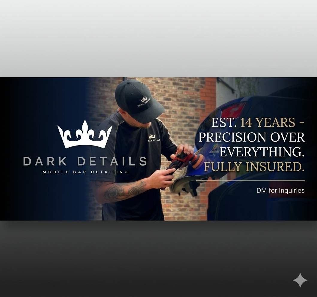 A man using a polishing tool on a blue car exterior during mobile car detailing service, with text promoting Dark Details, established 14 years, emphasizing precision, full insurance, and contact for inquiries.
