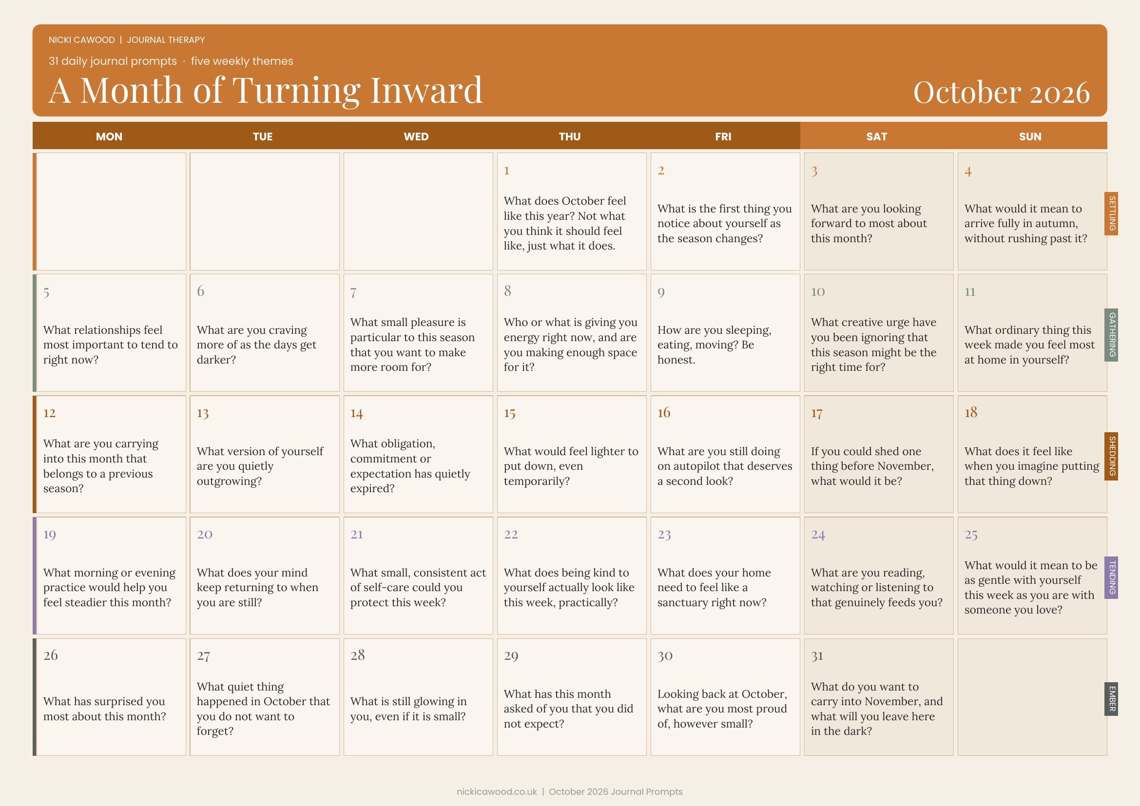 October - FREE Journaling Prompts Calendar (PDF - Download)