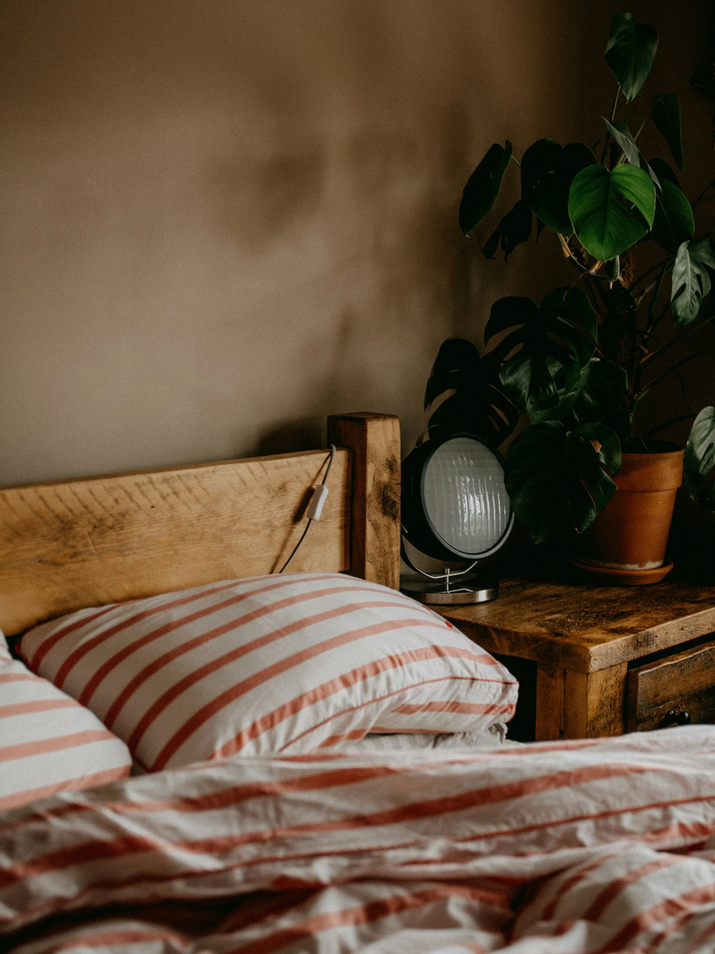 A cozy bedroom corner with a bed featuring striped pillows, a wooden nightstand, a potted plant with large green leaves, and a round orange lamp on the nightstand, against a beige wall.