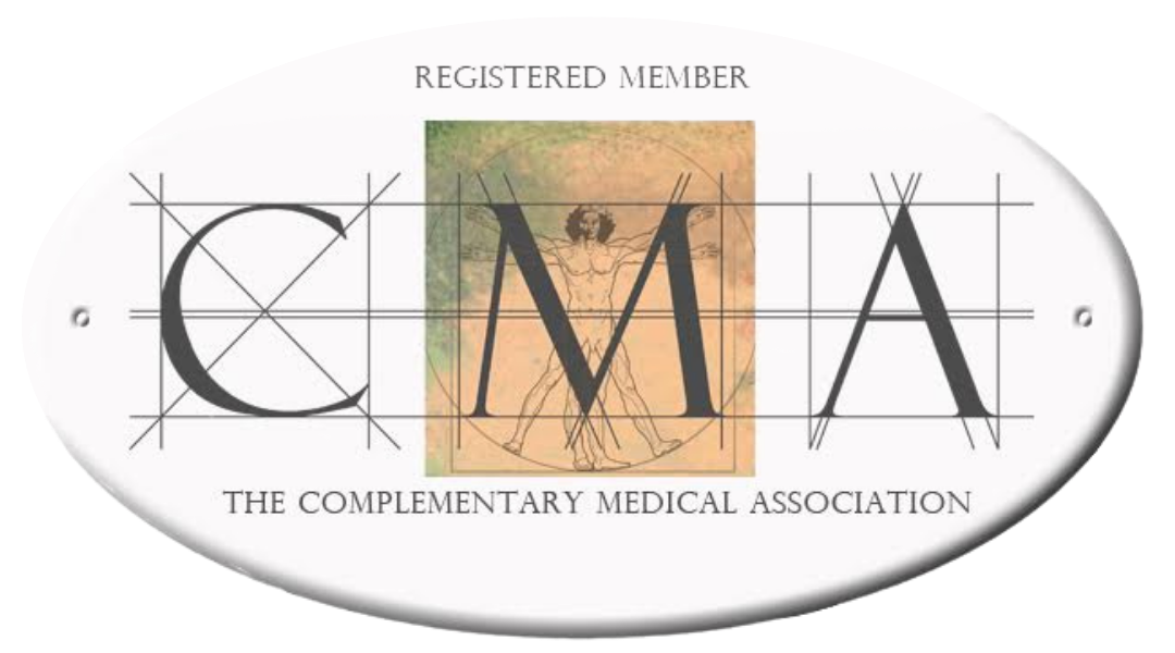 Logo for the Complementary Medical Association featuring large initials 'CMA', a background image of Leonardo da Vinci's Vitruvian Man, and text stating 'Registered Member' and 'The Complementary Medical Association'.