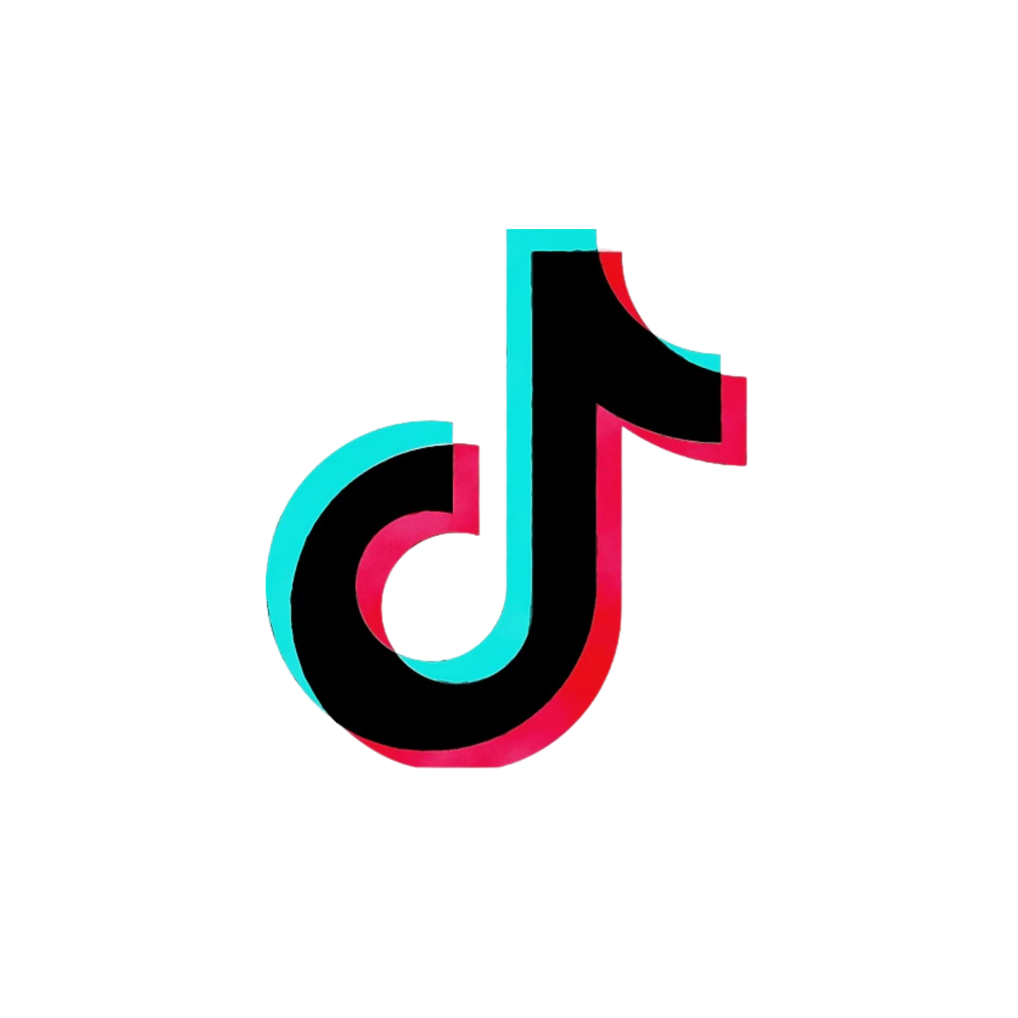 Colorful TikTok logo with overlapping black, red, and teal shapes on a black background.