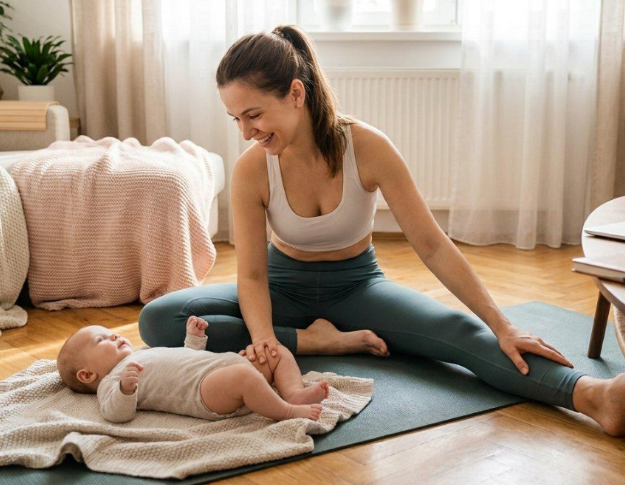 A woman and a baby practicing yoga together in a bright, cozy room. The woman is sitting on a yoga mat doing a stretch, smiling at the baby lying on a blanket.