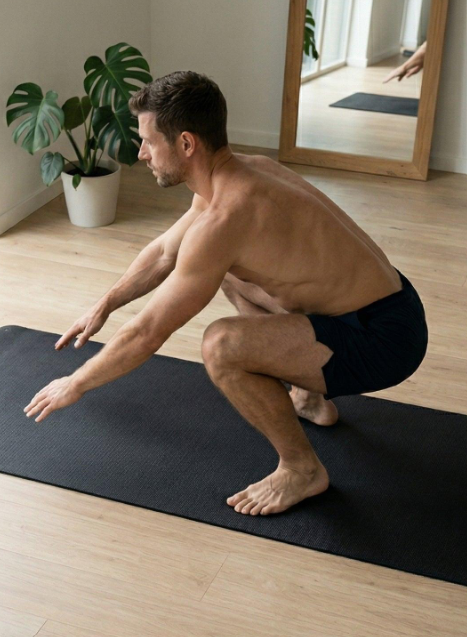 A man doing a squat exercise on a yoga mat in a room with a large mirror and a potted plant.