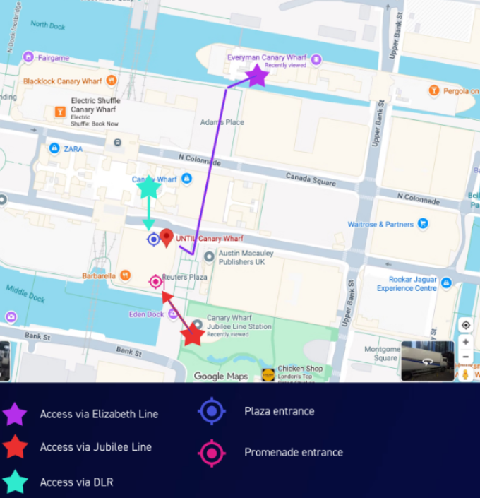 Map showing routes to the Pelvic Health Centre in Canary Wharf with access points from Elizabeth Line, Jubilee Line, DLR, and promenade entrance, marked with star, red star, green star, and pink circle icons respectively.