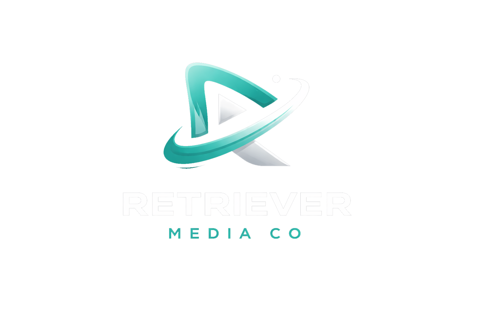 Logo with a 3D stylized play button and swirling ring, accompanied by the text 'Retriever Media Co' with some distortion effects.