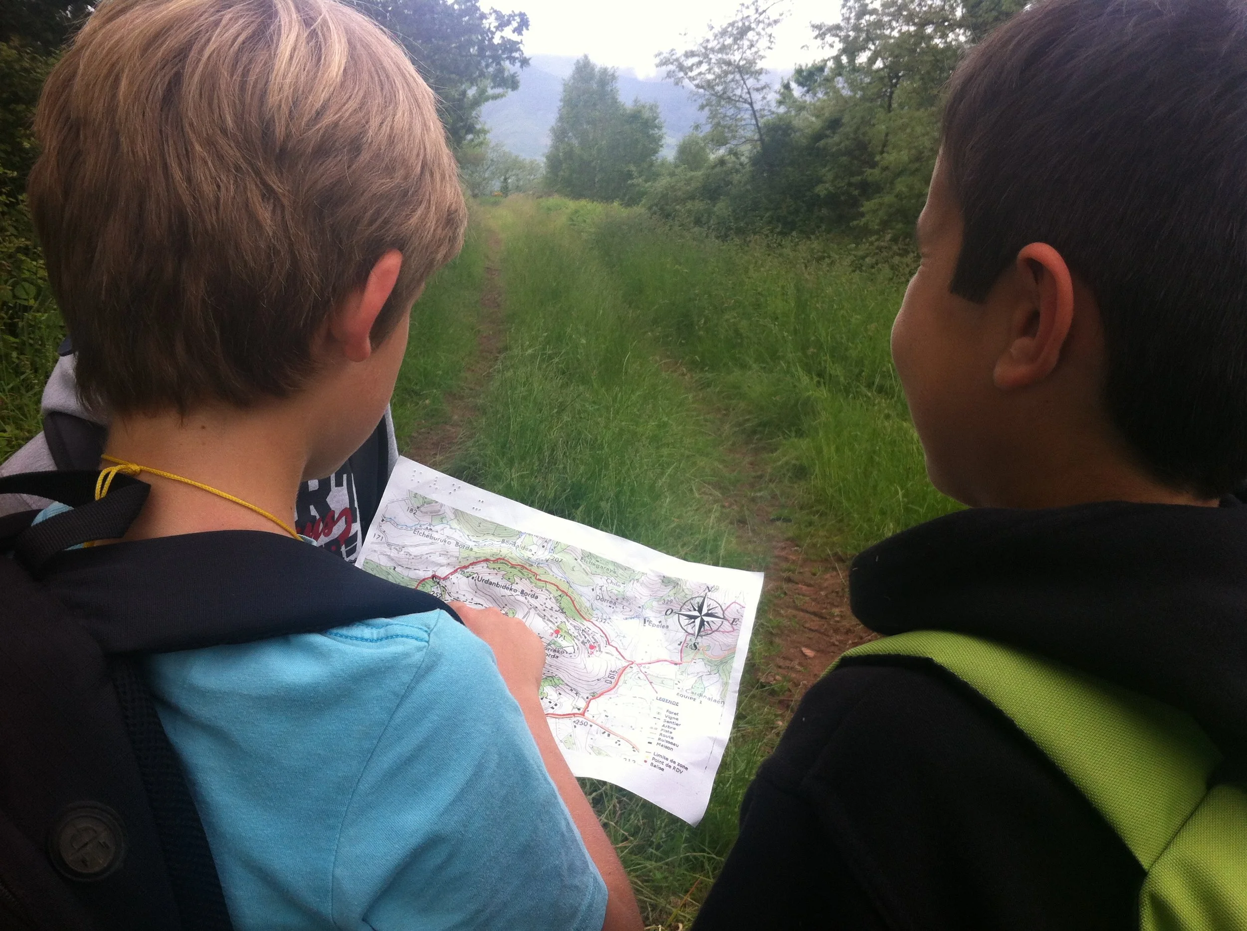 Deux jeunes regardent une carte géographique lors d'une randonnée dans la nature. Ils sont vus de dos, entourés d'arbres et de végétation verdoyante.