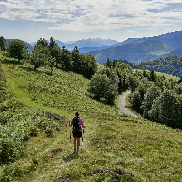 Deux personnes faisant de la randonnée en raquettes dans un paysage enneigé avec des montagnes en arrière-plan.