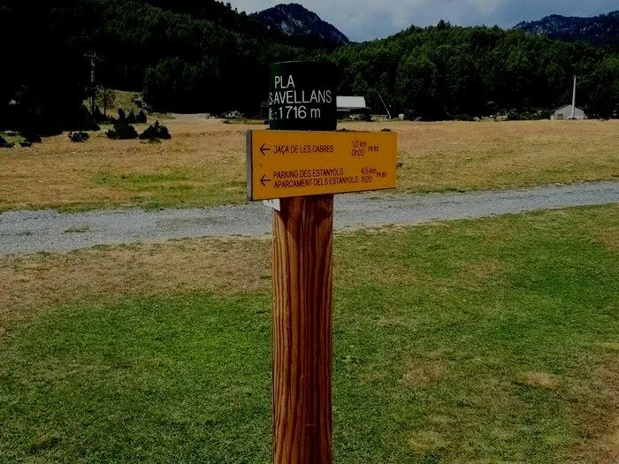 Panneau de signalisation indiquant des directions vers Jaca de Les Cabres, parking des Estanyols, et d'autres destinations, situé dans un espace extérieur avec herbe et montagnes en arrière-plan.