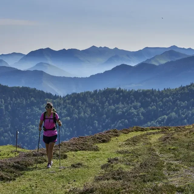 Une femme fait de la randonnée dans une montagne verdoyante avec des montagnes en arrière-plan et un ciel clair.