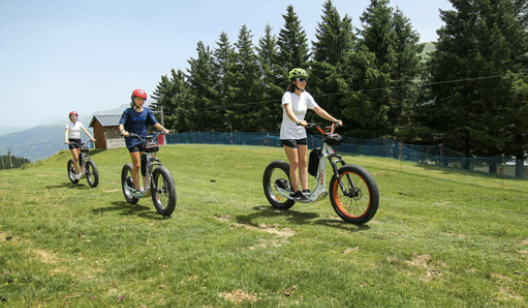 Trois personnes faisant du vélo électrique sur une pelouse en zone boisée.