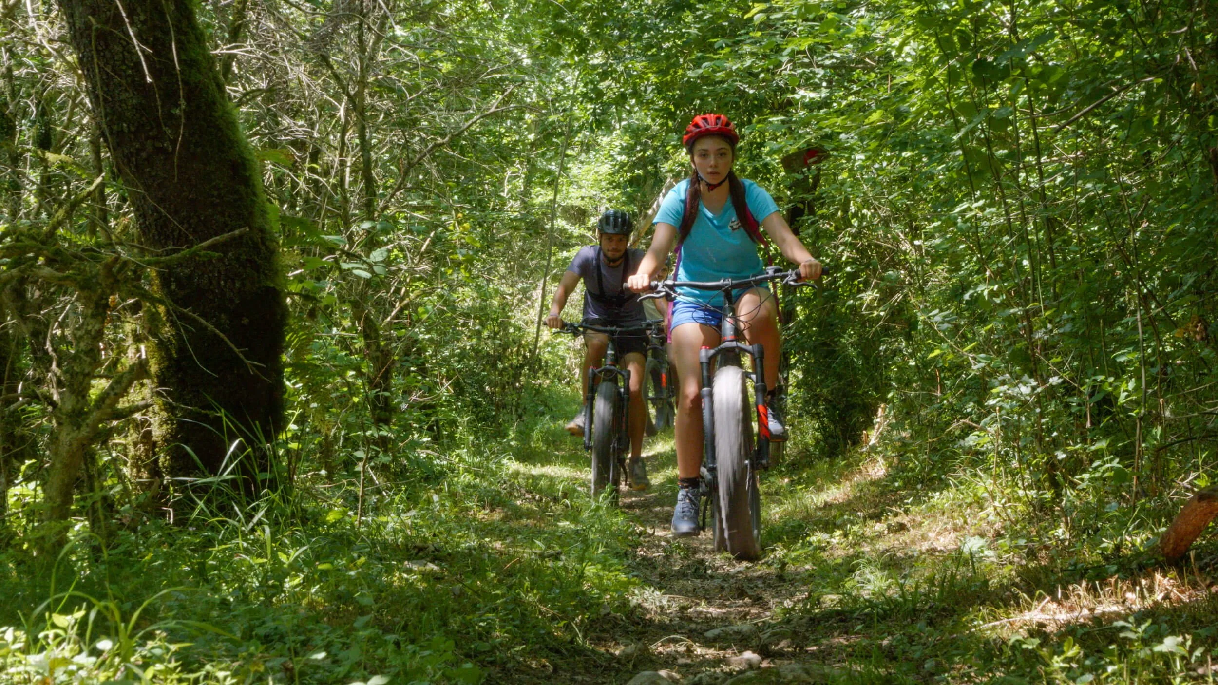 Deux personnes font du vélo dans une forêt dense, portant des casques et pédalant sur un sentier étroit entouré de végétation verte.