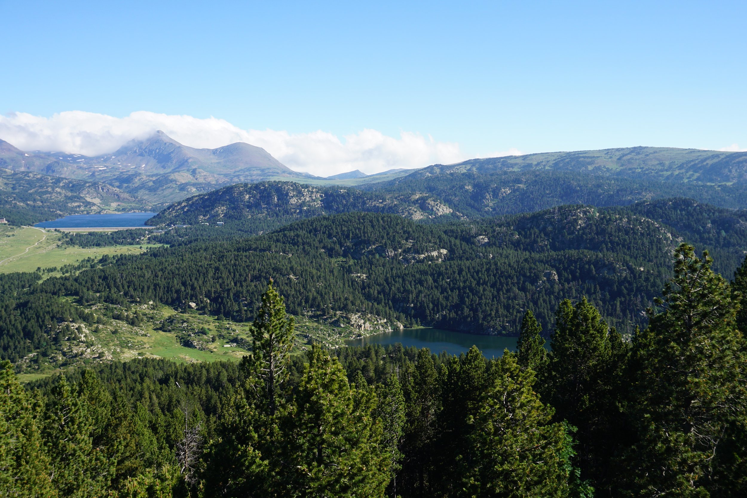Paysage de montagnes, forêt dense et lac au centre, ciel bleu avec quelques nuages.