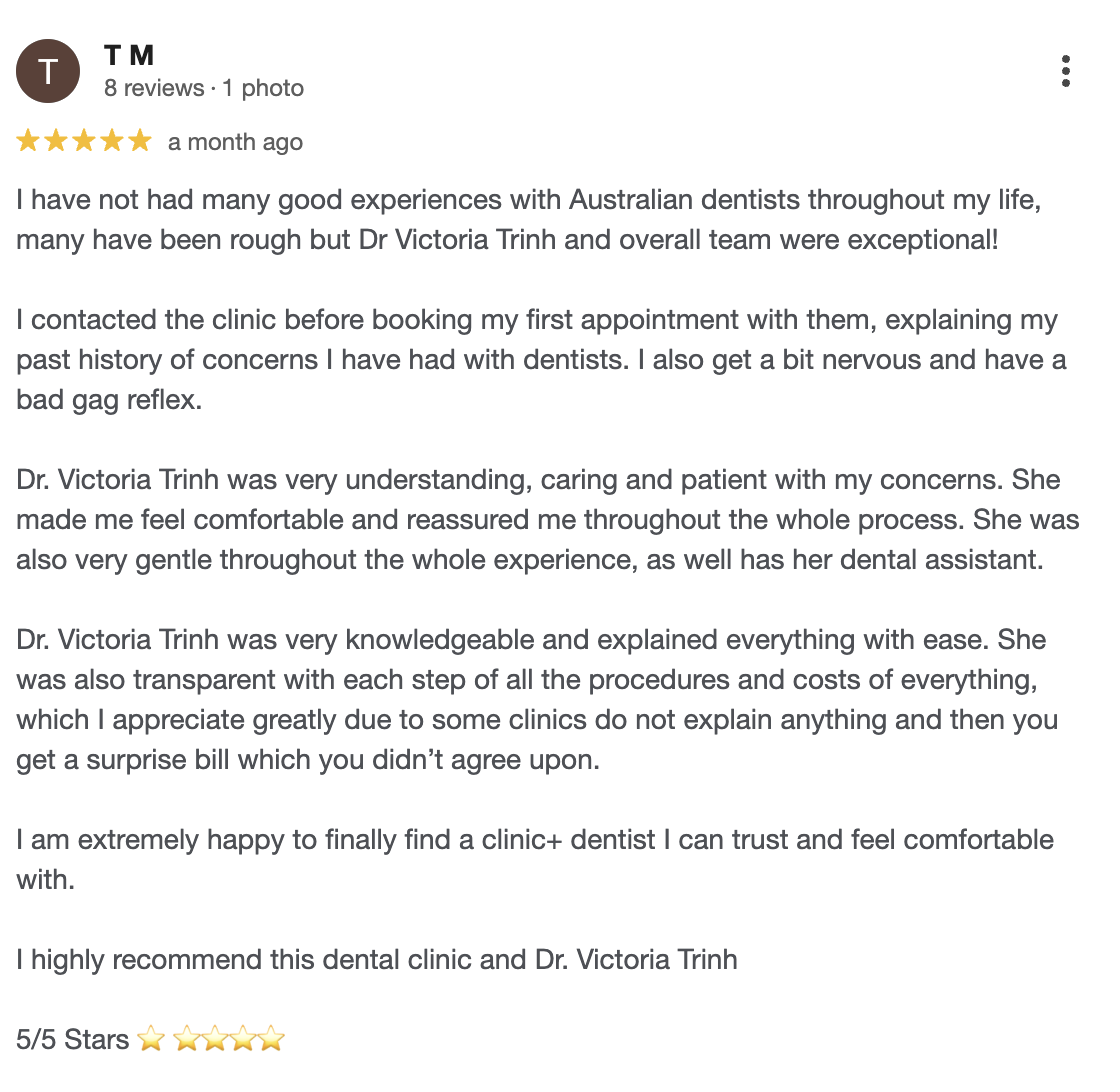 Screenshot of a Google review for a dental clinic, showing a 5-star rating and positive feedback about Dr. Victoria Trinh.