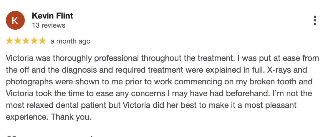 Customer review on Google with five-star rating for a dental practice, praising the professionalism and care of the staff.