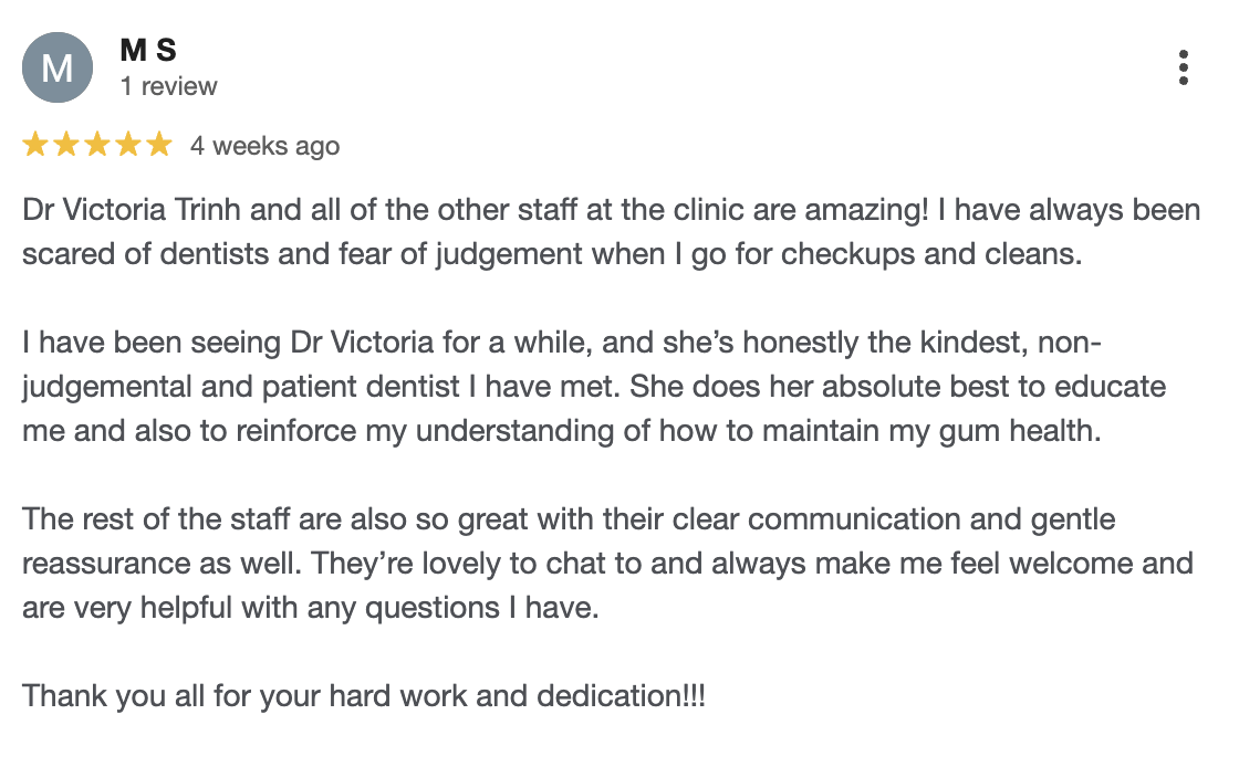 Customer review of dental clinic praising Dr. Victoria Trinh and staff for their helpfulness and kindness.