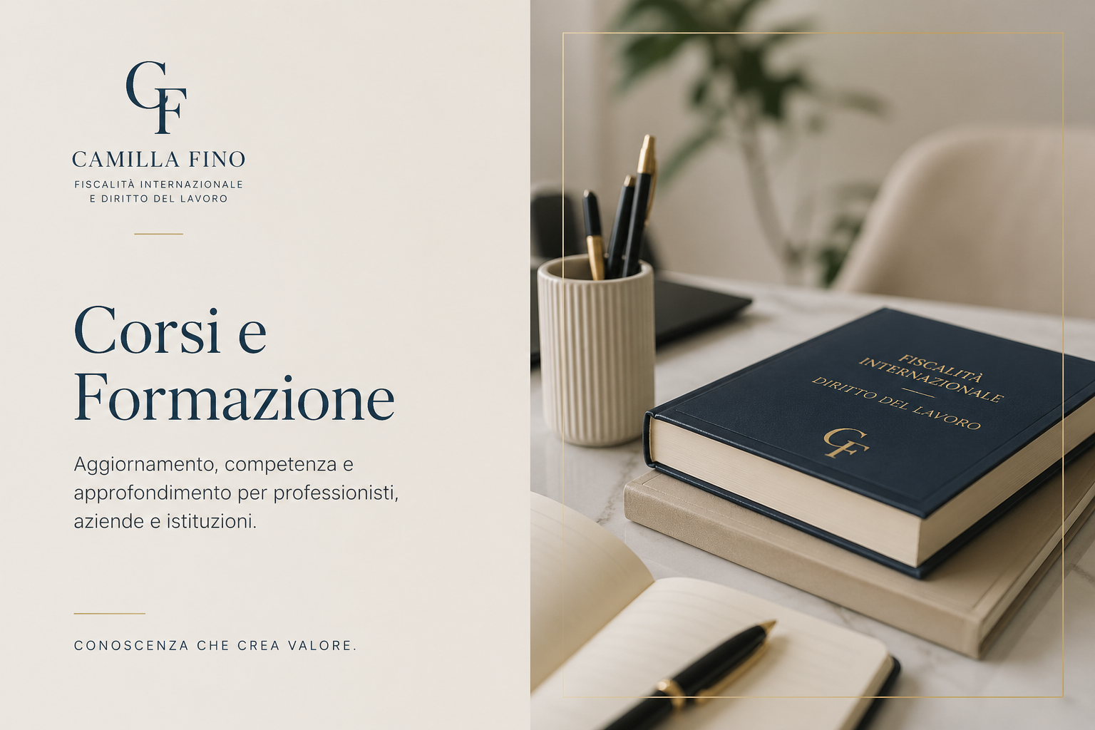 Flyer informativo su corsi e formazione in diritto del lavoro, con logo GF e immagine di libri e penne su una scrivania.