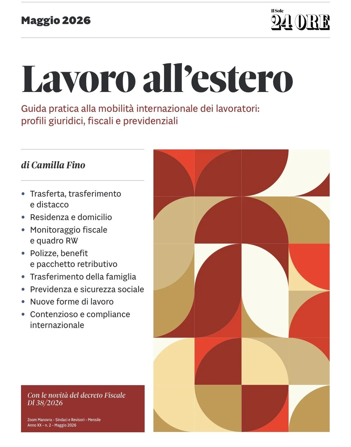 Prima pagina di una rivista o di un giornale con titolo 'Lavoro all'estero' e sottotitolo 'Guida pratica alla mobilità internazionale dei lavoratori: profili giuridici, fiscali e previdenziali'. Data 'Maggio 2026' e logo 'Il Sole 24 ORE' in alto a destra. Immagine decorativa astratta con colori caldi e forme geometriche.