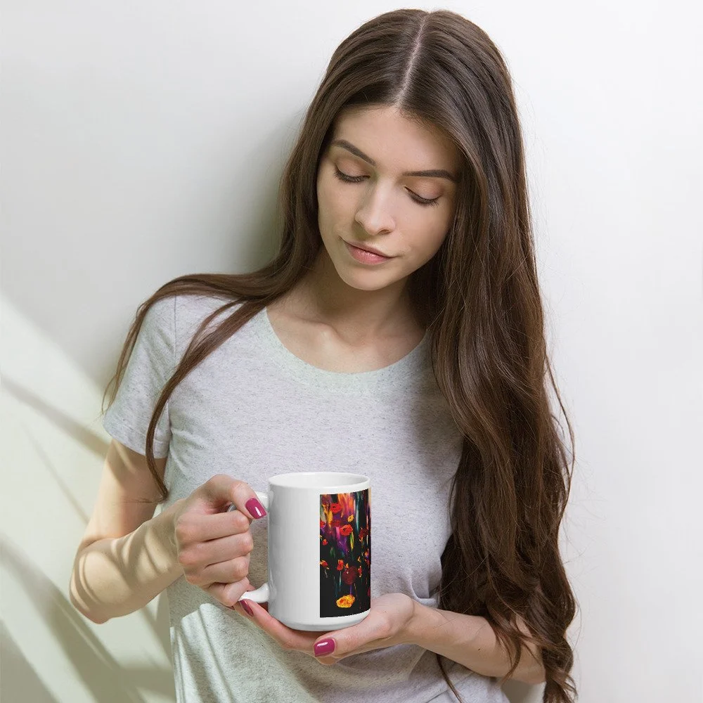Woman holding a white ceramic mug featuring vibrant poppy artwork, displayed against a light neutral background.