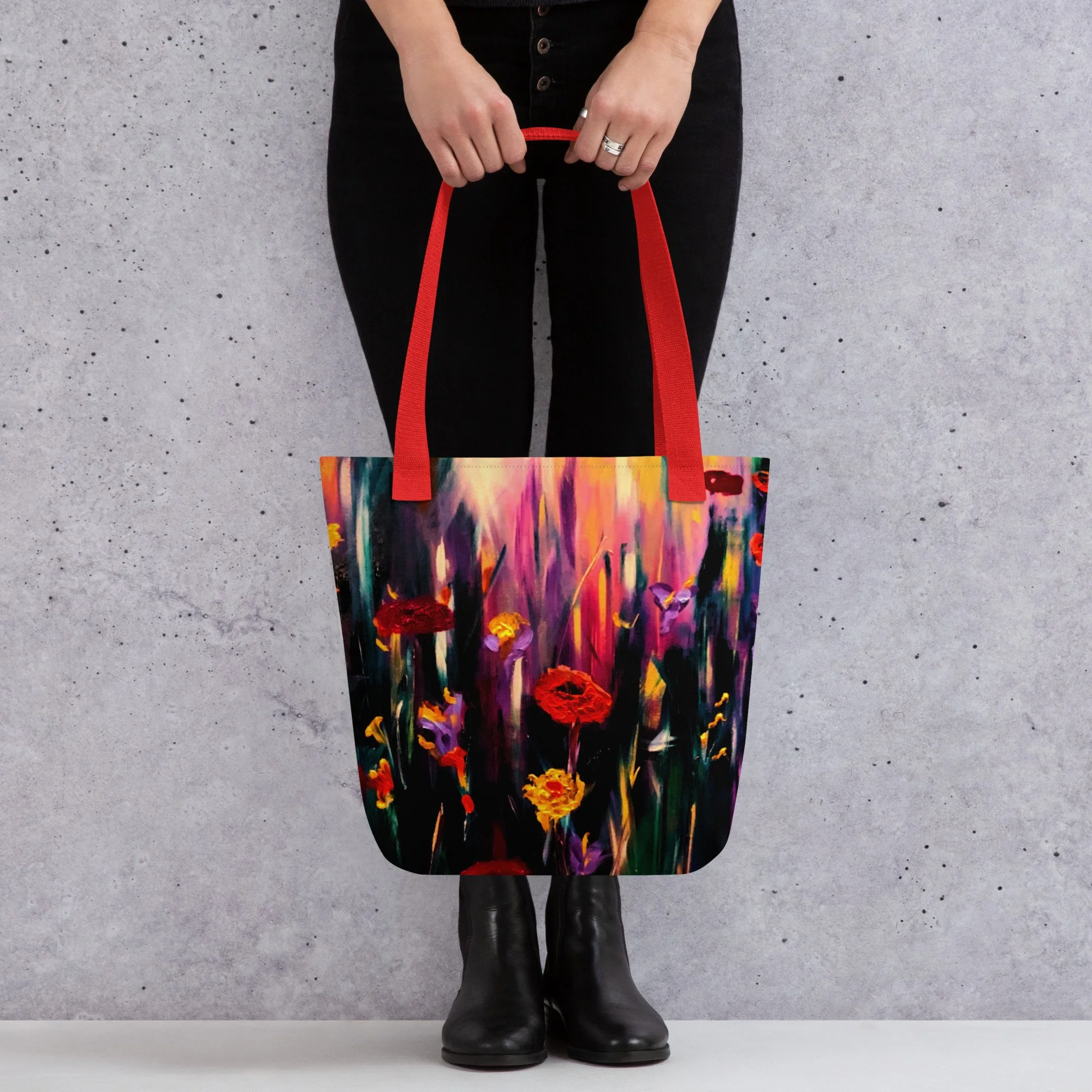 Tote bag featuring vibrant poppy artwork with bold red and golden flowers, purple blooms and expressive brushstrokes against a rich, colourful background.