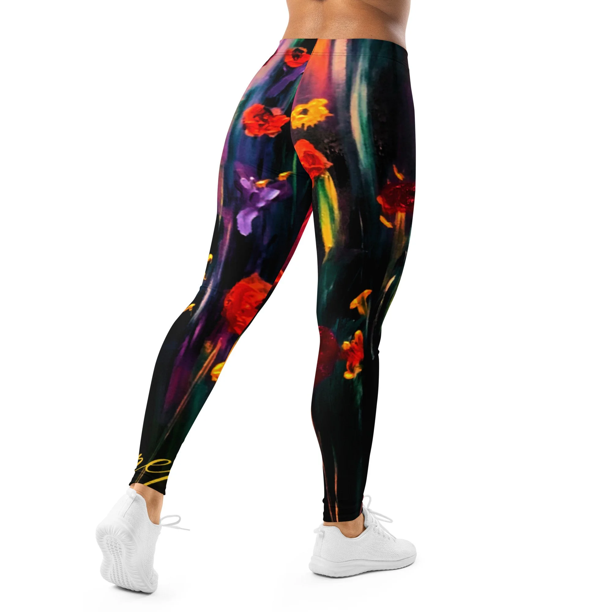 Leggings featuring vibrant poppy artwork with bold red and golden flowers, purple blooms and rich painterly colours in an expressive botanical design.