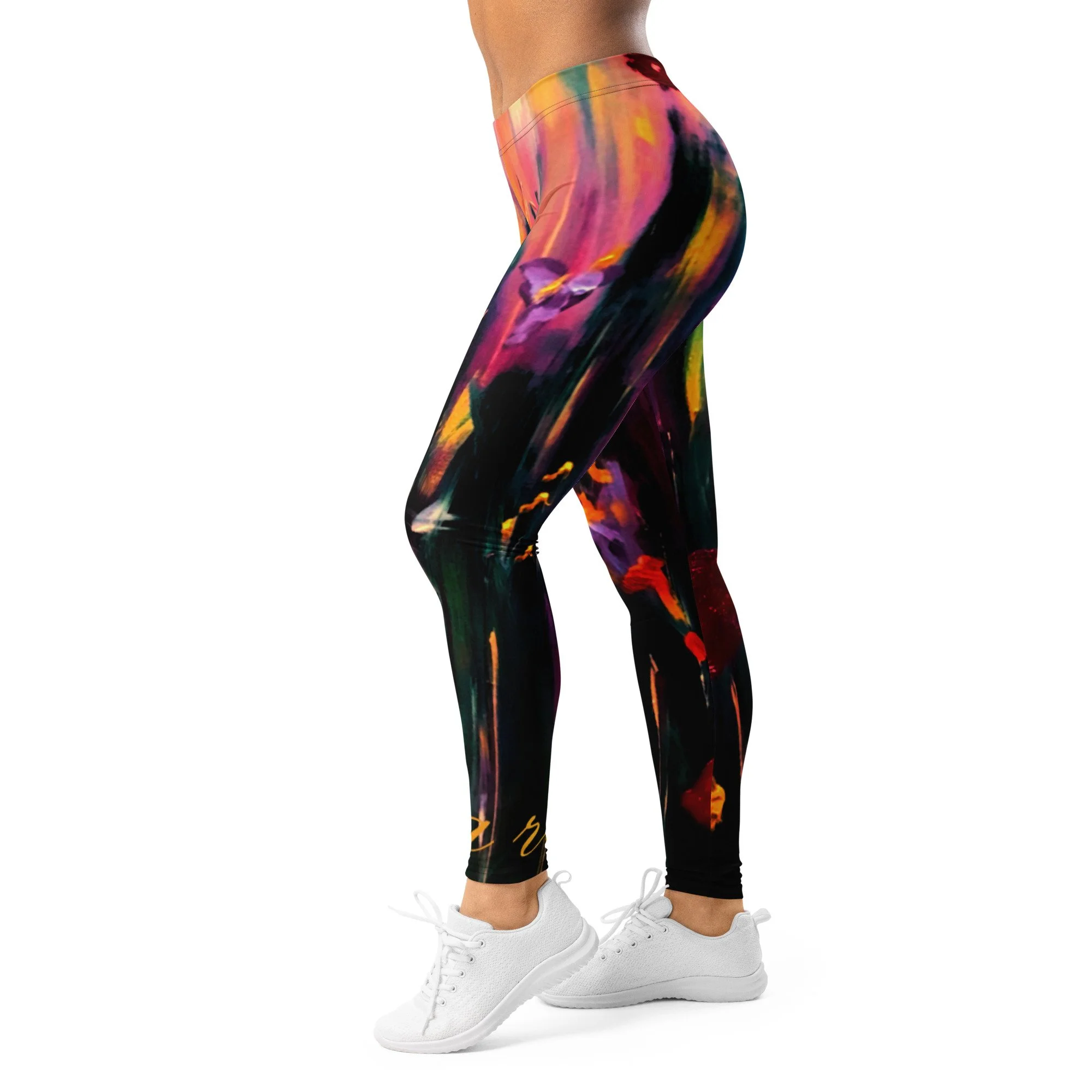 Leggings featuring vibrant poppy artwork with bold red and golden flowers, purple blooms and rich painterly colours in an expressive botanical design.