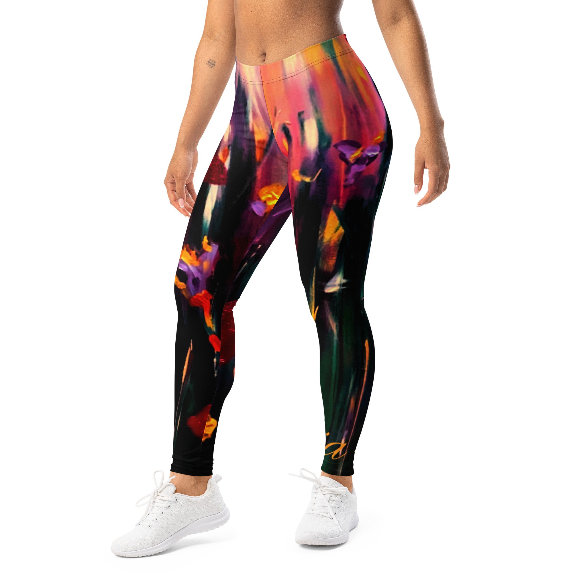 Leggings featuring vibrant poppy artwork with bold red and golden flowers, purple blooms and rich painterly colours in an expressive botanical design.